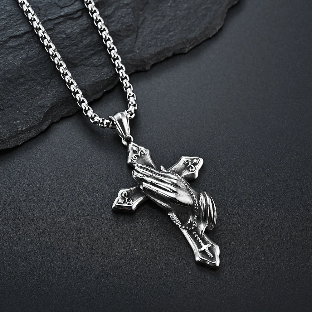 Vintage Praying Hands Cross Pendant Necklace