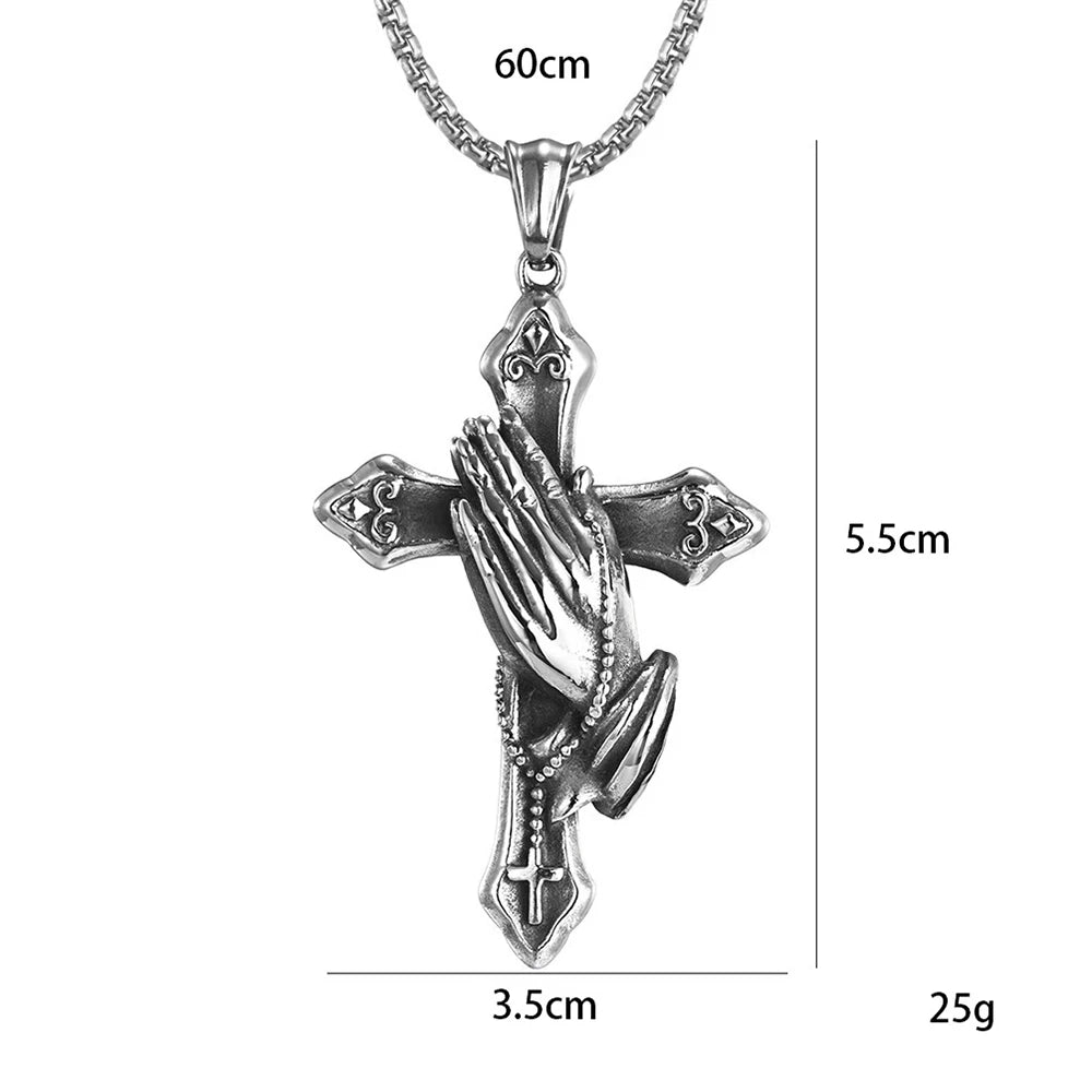 Vintage Praying Hands Cross Pendant Necklace