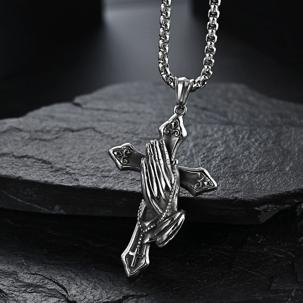 Vintage Praying Hands Cross Pendant Necklace