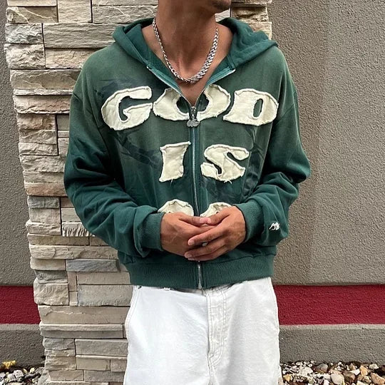 Streetwear 'God Is Good' Embroidered Zip-Up Hoodie