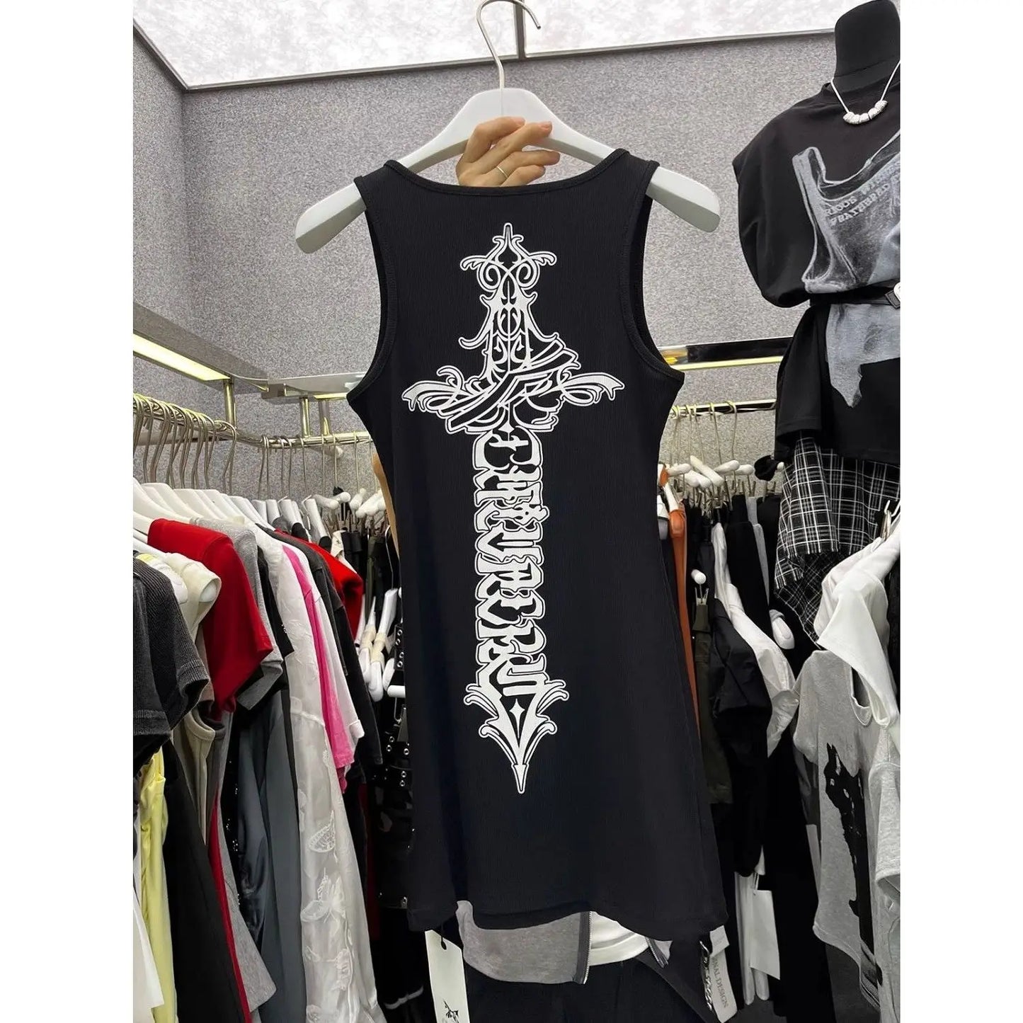 American Cross-Print Tank Top Dress