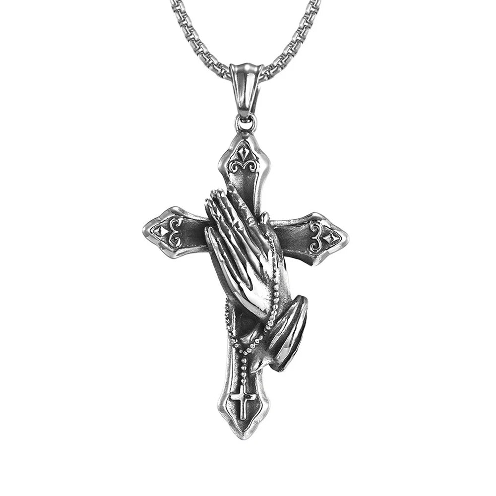 Vintage Praying Hands Cross Pendant Necklace