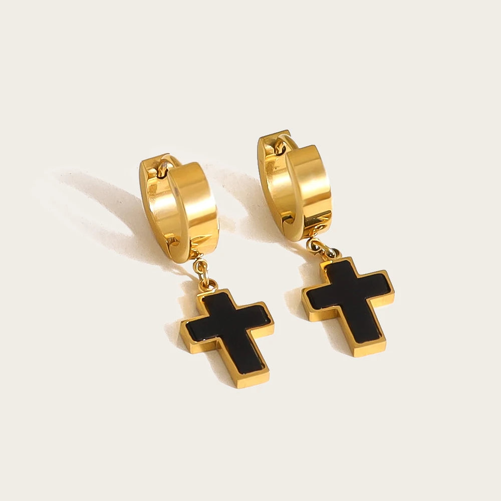 Classic Black Acrylic Drop Cross Earrings