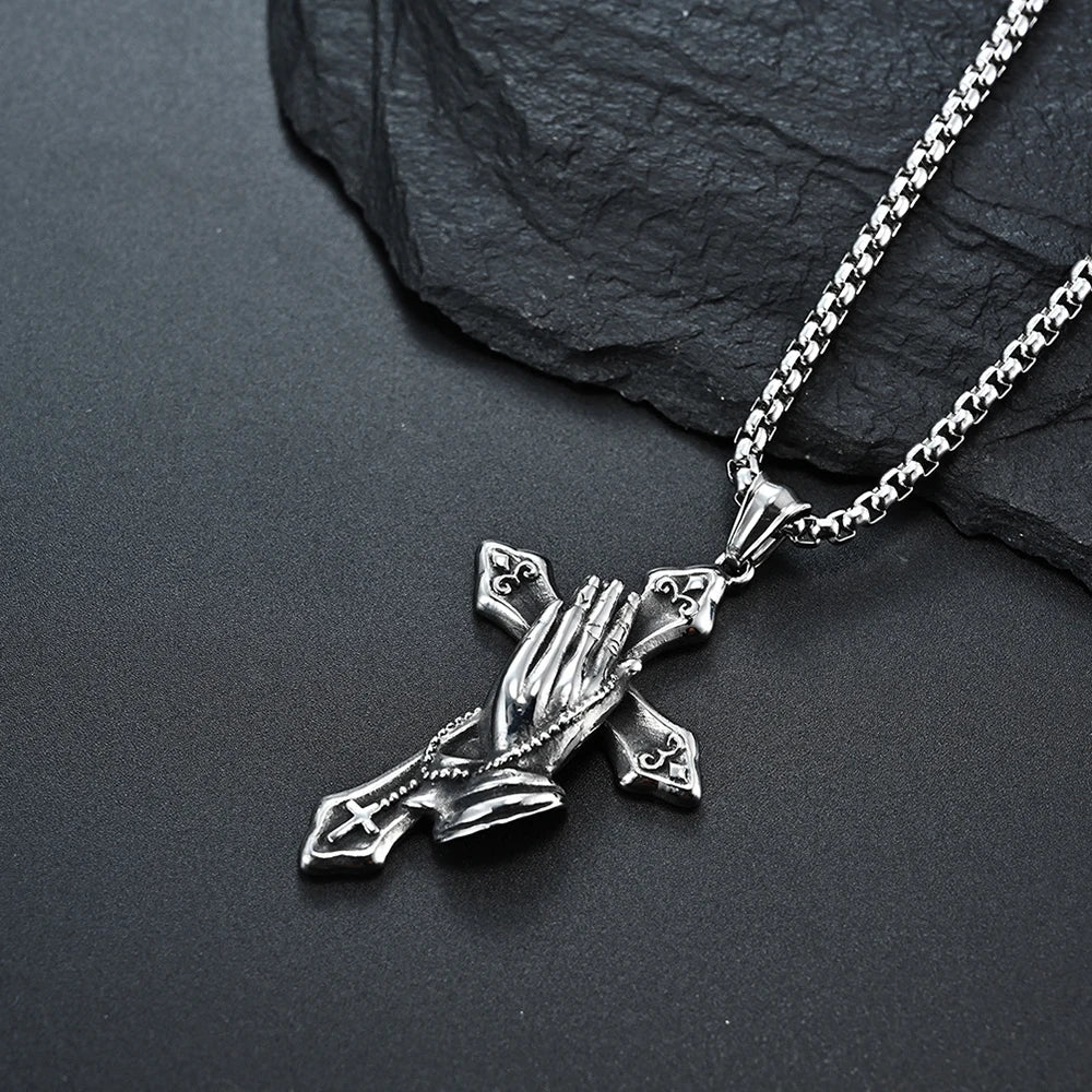 Vintage Praying Hands Cross Pendant Necklace