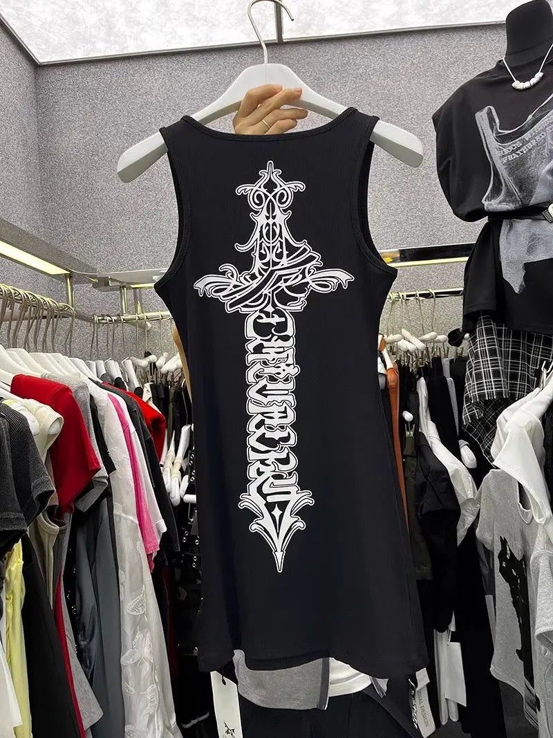 American Cross-Print Tank Top Dress