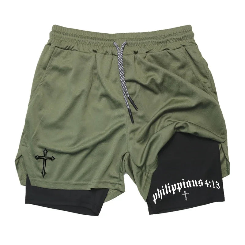 2-in-1 Men's Performance Shorts (Bible Printed - 'Philippians 4:13')