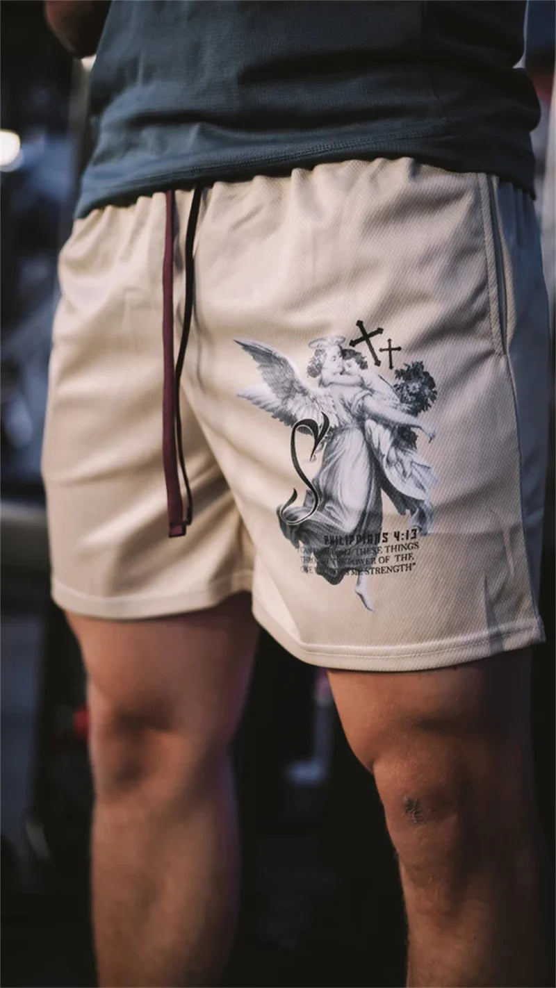 Assorted Graphic Angel & Crosses Workout Shorts