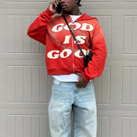 Streetwear 'God Is Good' Embroidered Zip-Up Hoodie