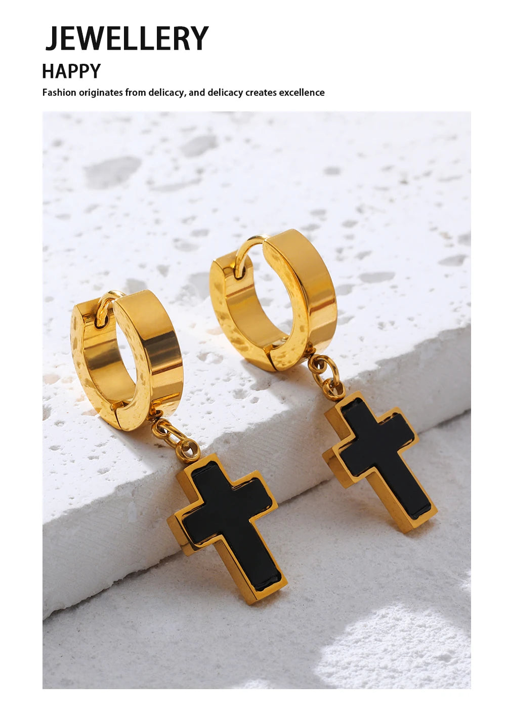 Classic Black Acrylic Drop Cross Earrings
