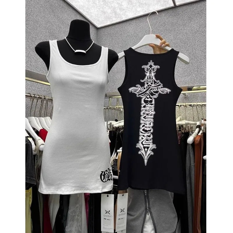 American Cross-Print Tank Top Dress