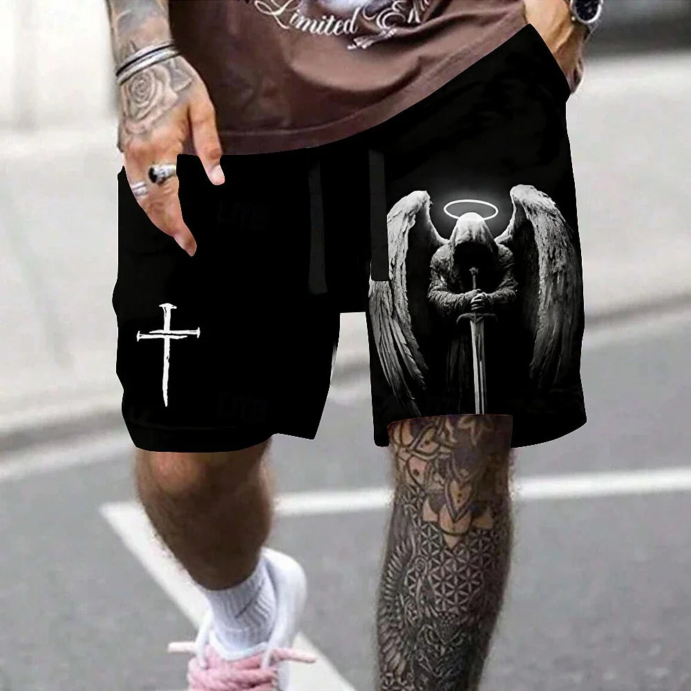Cross + Angel Print Beach Shorts