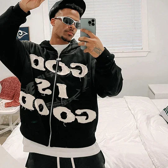 Streetwear 'God Is Good' Embroidered Zip-Up Hoodie