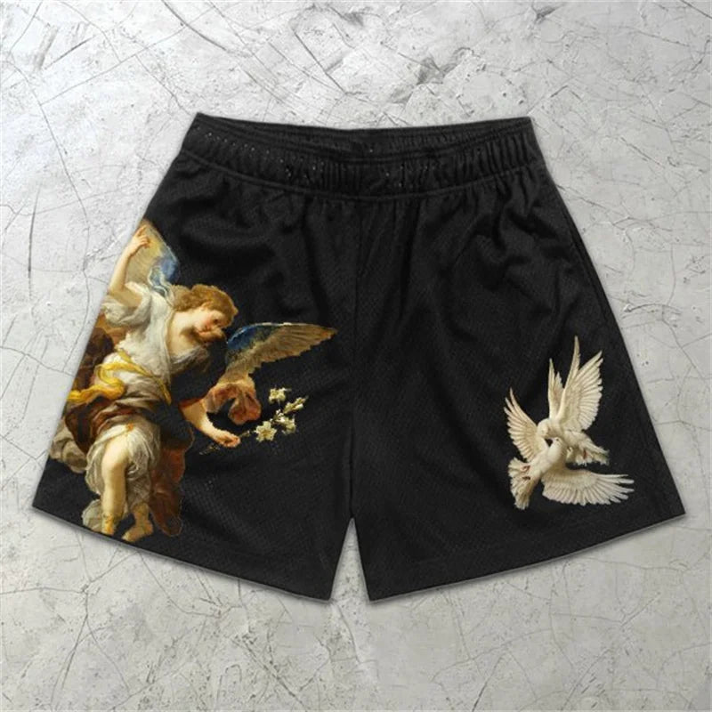 Assorted Graphic Angel & Crosses Workout Shorts