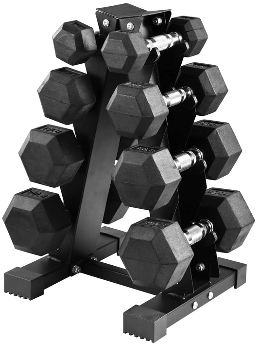 Rubber Coated Hex Dumbbell Weight Set (A-Frame Rack)