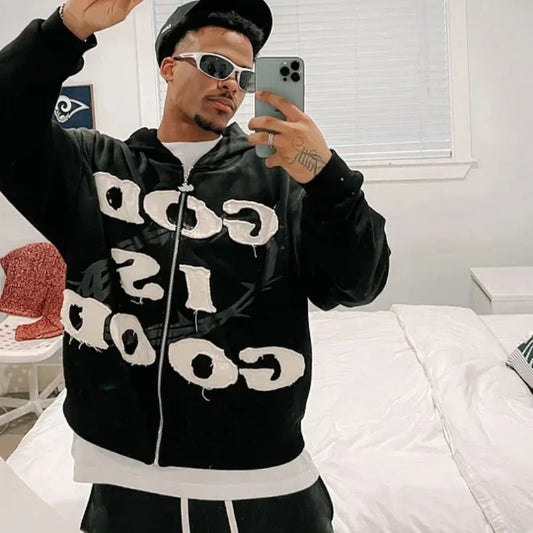 Streetwear 'God Is Good' Embroidered Zip-Up Hoodie