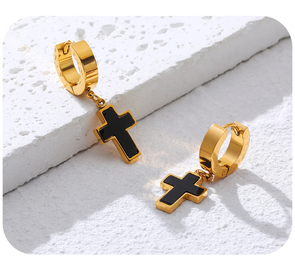 Classic Black Acrylic Drop Cross Earrings