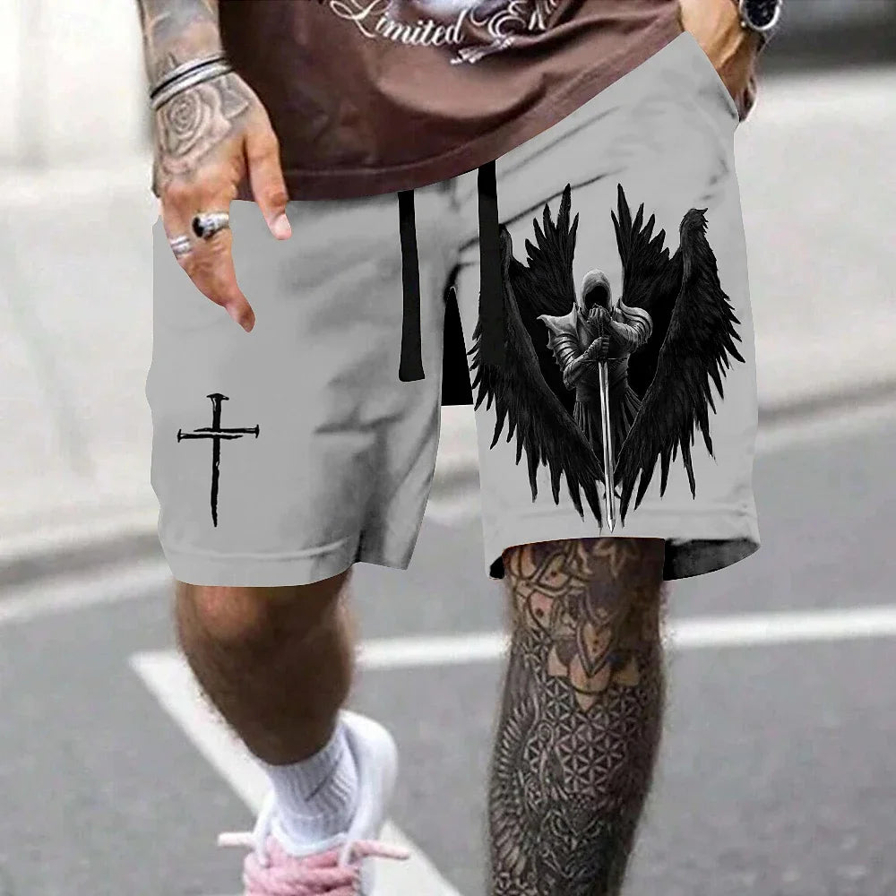 Cross + Angel Print Beach Shorts