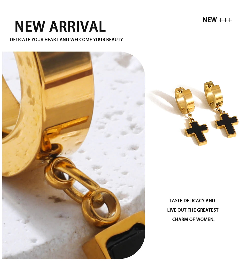 Classic Black Acrylic Drop Cross Earrings