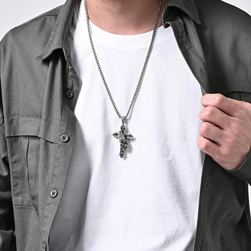 Vintage Praying Hands Cross Pendant Necklace