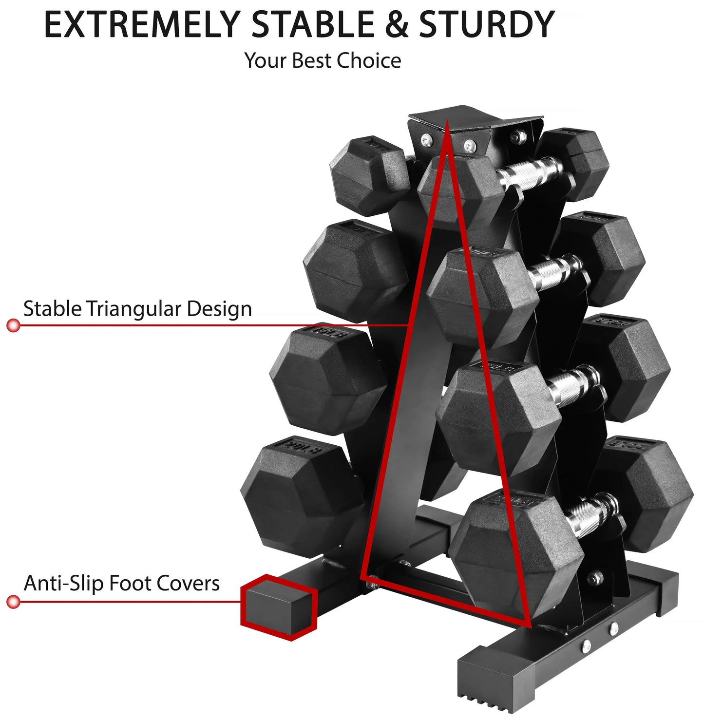 Rubber Coated Hex Dumbbell Weight Set (A-Frame Rack)