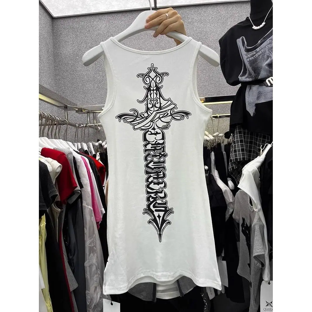 American Cross-Print Tank Top Dress