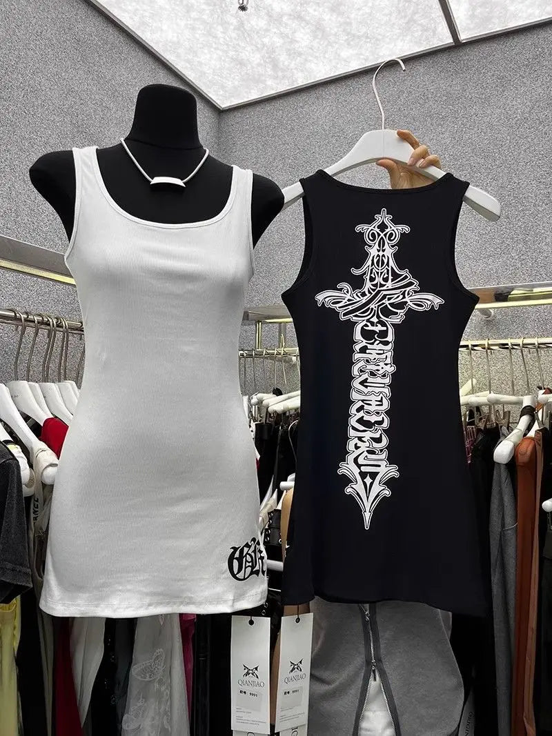 American Cross-Print Tank Top Dress