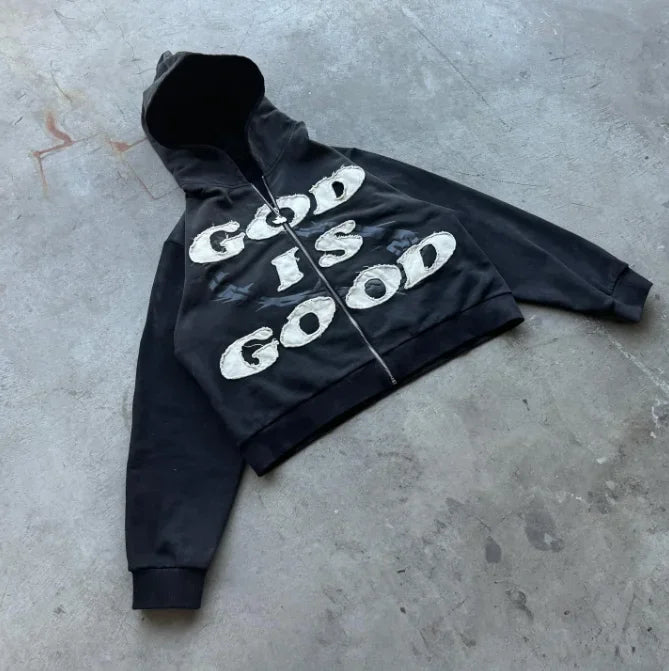 Streetwear 'God Is Good' Embroidered Zip-Up Hoodie