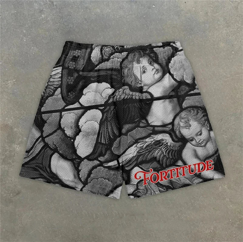 Assorted Graphic Angel & Crosses Workout Shorts