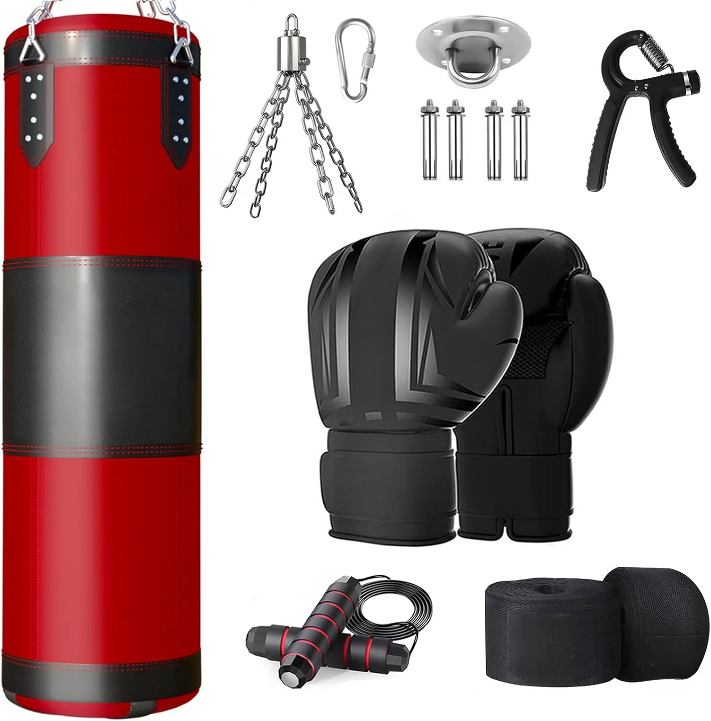 Heavy Boxing Bag Set (w/12OZ Boxing Gloves, Jump Rope, Wraps & Grip Trainer)