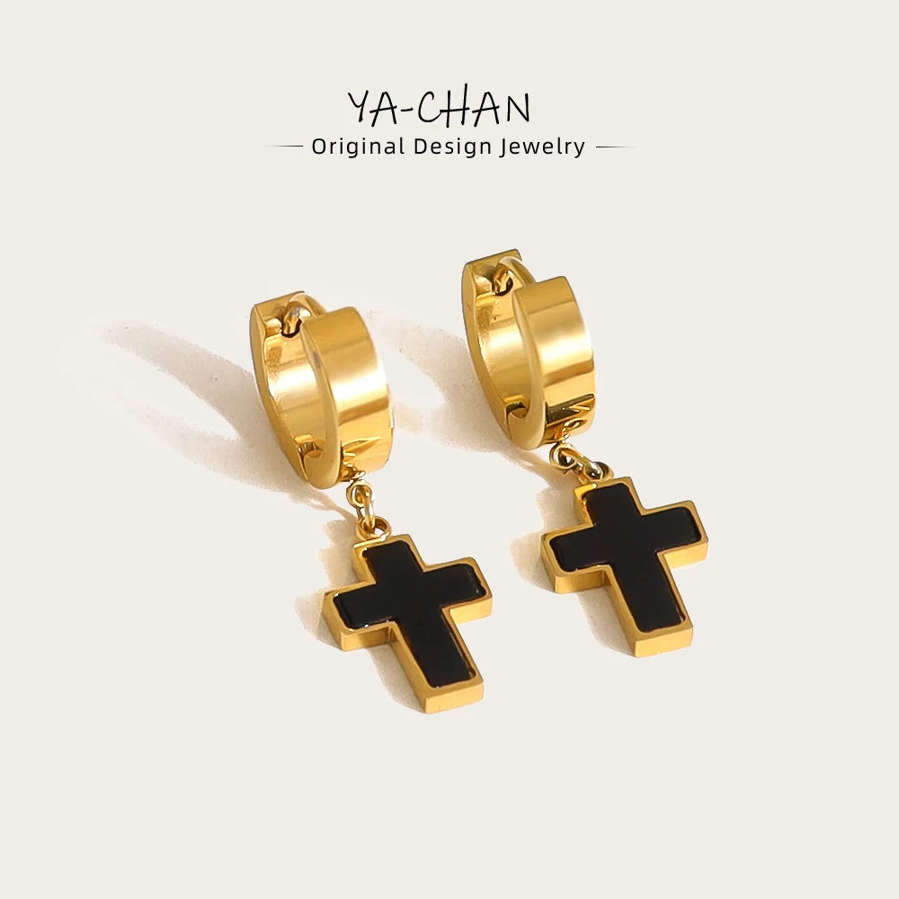Classic Black Acrylic Drop Cross Earrings
