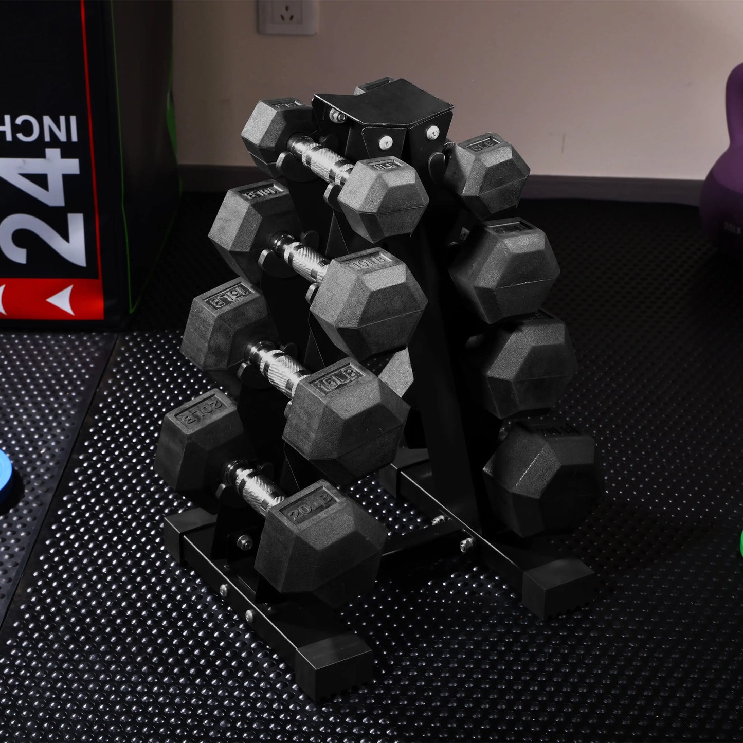 Rubber Coated Hex Dumbbell Weight Set (A-Frame Rack)
