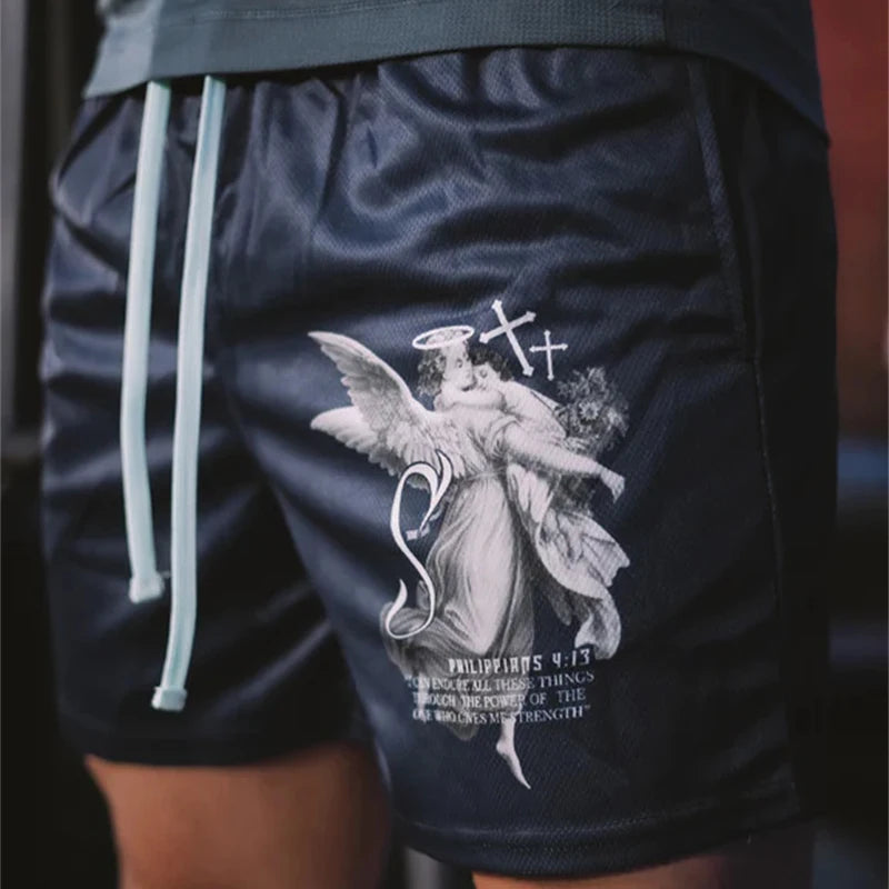 Assorted Graphic Angel & Crosses Workout Shorts