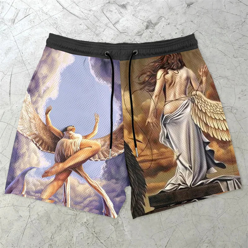 Assorted Graphic Angel & Crosses Workout Shorts
