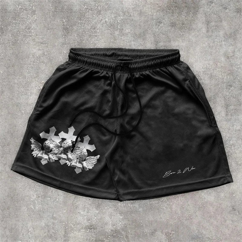 Assorted Graphic Angel & Crosses Workout Shorts