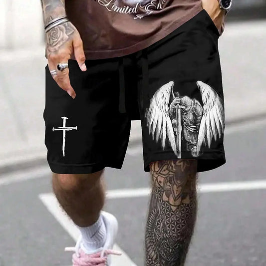 Cross + Angel Print Beach Shorts